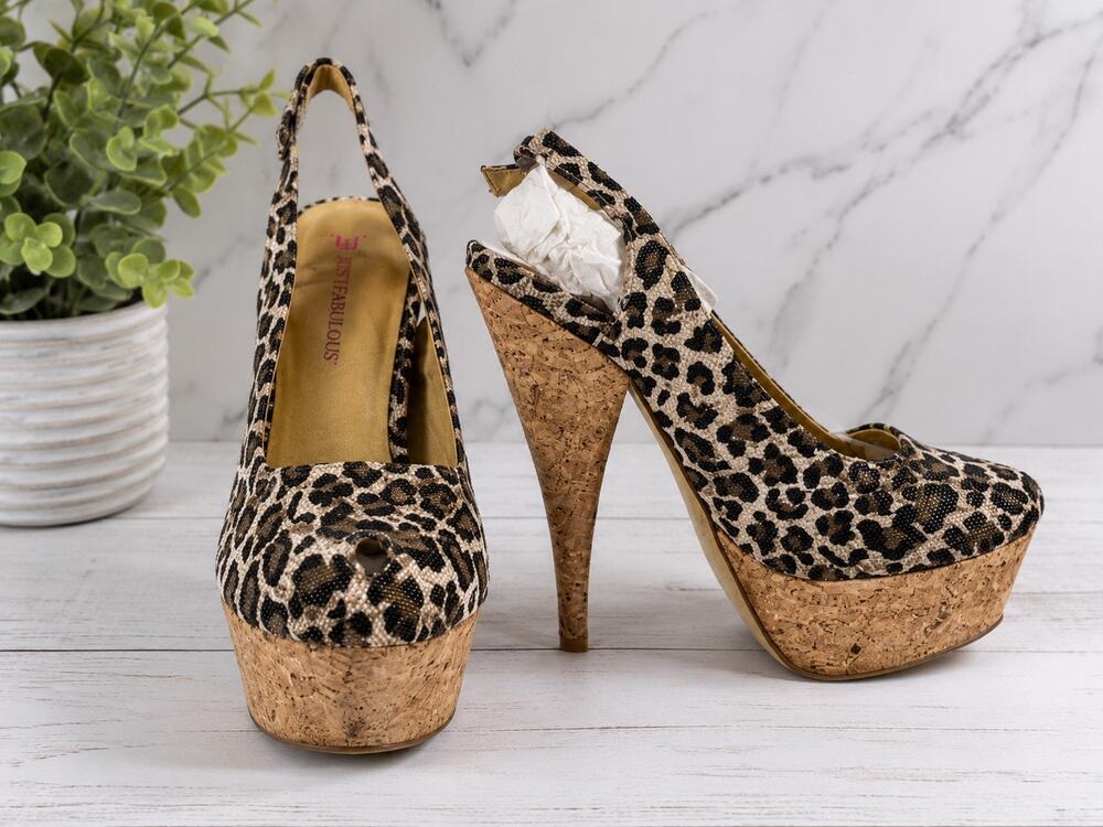 JustFab cheetah metallic cork sling back heels gold brown black buckle size 7.5
